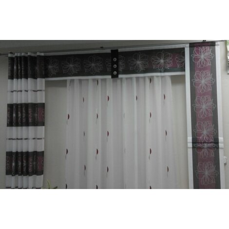 Musterfenster aus 1 Schal 1 Fläche 1 Store 1 Querbehang Blumen beere anthrazit