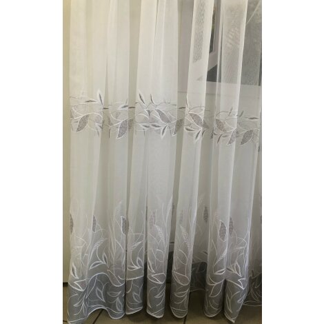 Stickerei-Stores Gardine bestickt Blumen Ranke weiß grau transparent, Meterware
